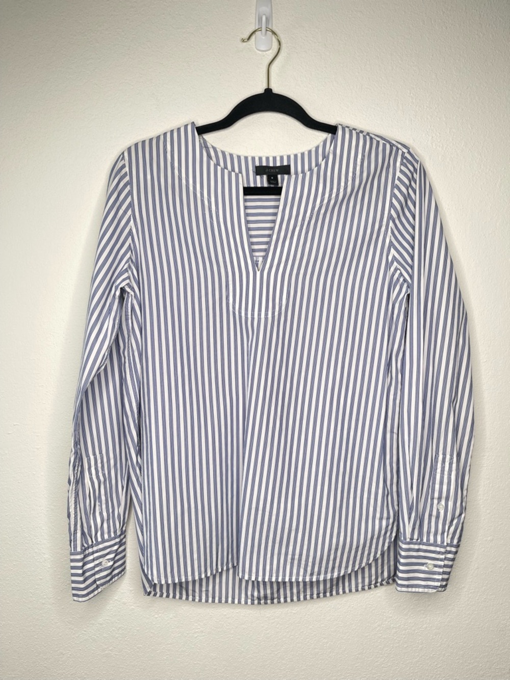 J. Crew Blue And White Stripe Bohemian V Neck Popover Cuffed Sleeve Top Size 6